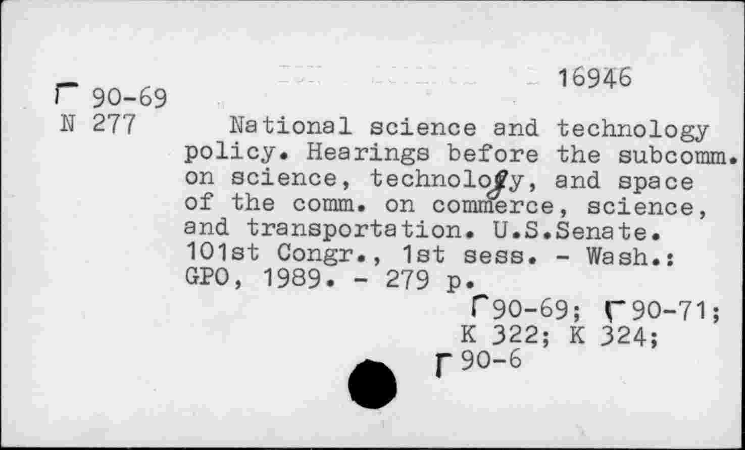 ﻿r 90-69 N 277
16946
National science and technology policy. Hearings before the subcomm
on science, technology, and space of the comm, on commerce, science, and transportation. U.S.Senate.
101st Congr., 1st sess. - Wash.: GPO, 1989. - 279 p.
C90-69; T90-71
K 322; K 324; r 90-6